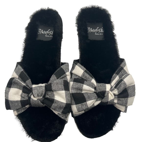 NEW Blowfish Malibu Plaid Fur Lined Slip On Sandals Slides Gangnam Print Sz 8or9 - Picture 6 of 9